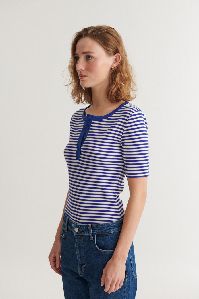 Basic Apparel Ludmilla SS Stripe Granddad T-shirts 867 Sodalite blue / whisper white