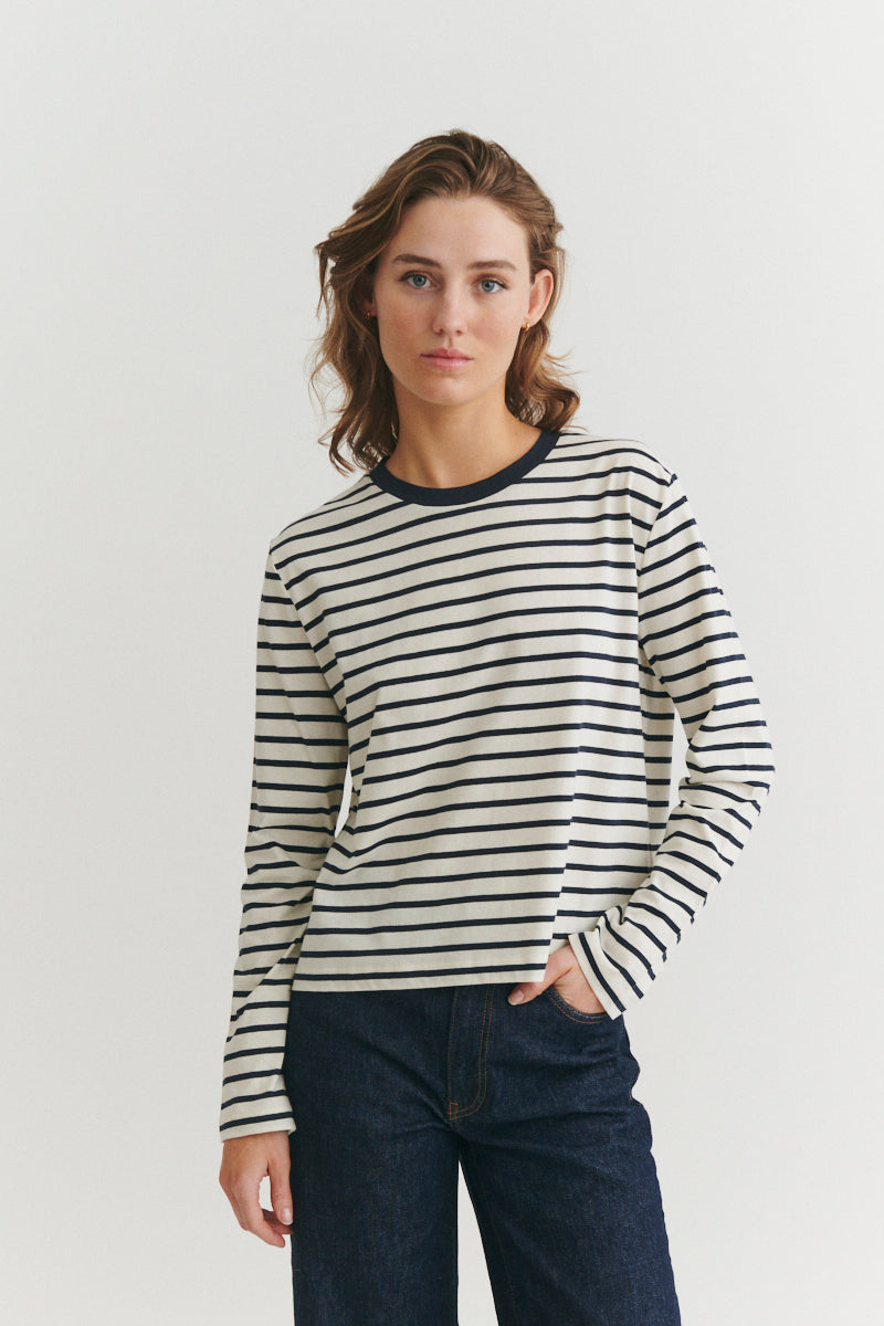 Basic Apparel Raja LS Stripe Tee T-shirts 705 whisper white / Sky captain