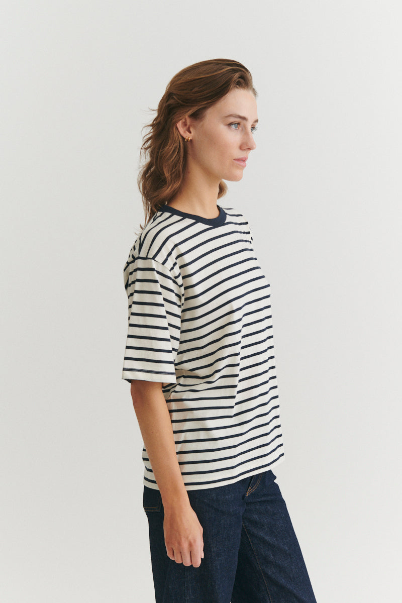 Basic Apparel Raja Stripe Tee T-shirts 705 whisper white / Sky captain