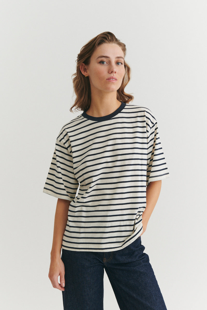 Basic Apparel Raja Stripe Tee T-shirts 705 whisper white / Sky captain