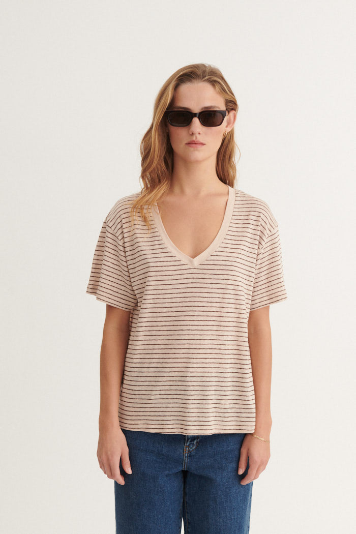 Basic Apparel Ryda Stripe V-Neck Tee T-shirts 788 Smoke gray / carafe