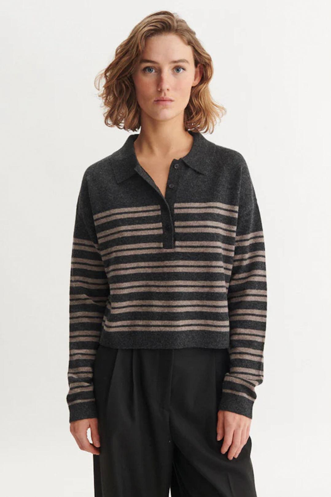 Basic Apparel Selem Stripe Polo Sweaters 857 grey melange / portabella